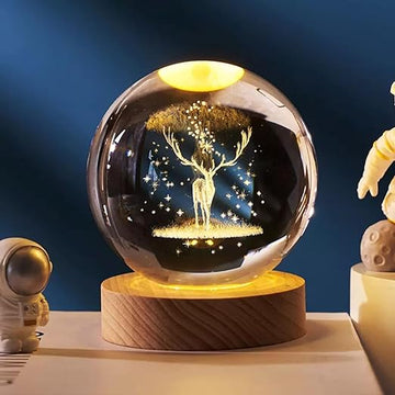 Miramar Reindeer LED Light Crystal Ball Night Light, Glass Ball Night Lamp With Woodern Base,Decorations Gifts For Men,Women,Kids,Boys,Girls,Teens (Reindeer Light)