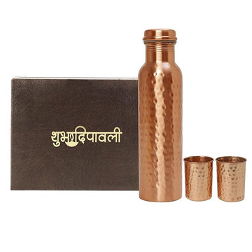 INTERNATIONAL GIFT Copper Water Bottle with 2 Glass | Happy Diwali Printed Brown Box (Brown)
