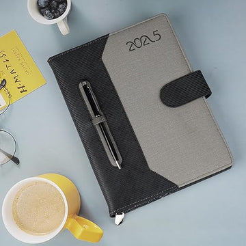 Erminio Palamino 2025 Edition Diary with Pen Holder & Loop Button Closer, Thermal Cover Executive Diaries - Black and Grey
