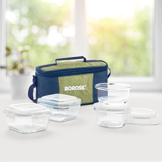 Borosil Ace Universal Borosilicate Glass Lunch Boxes Set of 4 (320 ml, 240 ml) with Lunch Bag, Lunchboxes for Office & College, Microwave Safe, Leak Proof (Green)