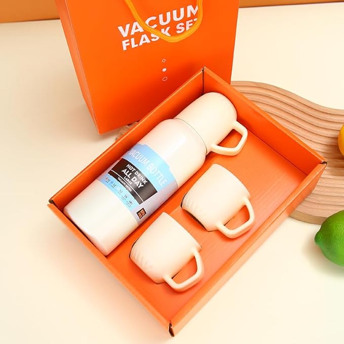 3 in 1 Stainless Steel Vacuum Flask Set | Double Wall Insulated Flask Bottle Gift Set with Two Cups Hot & Cold | 500 ml Drinks Water Tea Coffee | Corporate | Women | Gift Box |