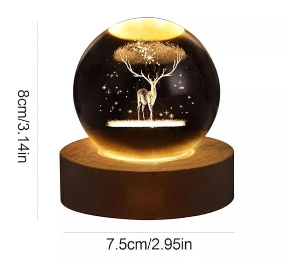 Miramar Reindeer LED Light Crystal Ball Night Light, Glass Ball Night Lamp With Woodern Base,Decorations Gifts For Men,Women,Kids,Boys,Girls,Teens (Reindeer Light)