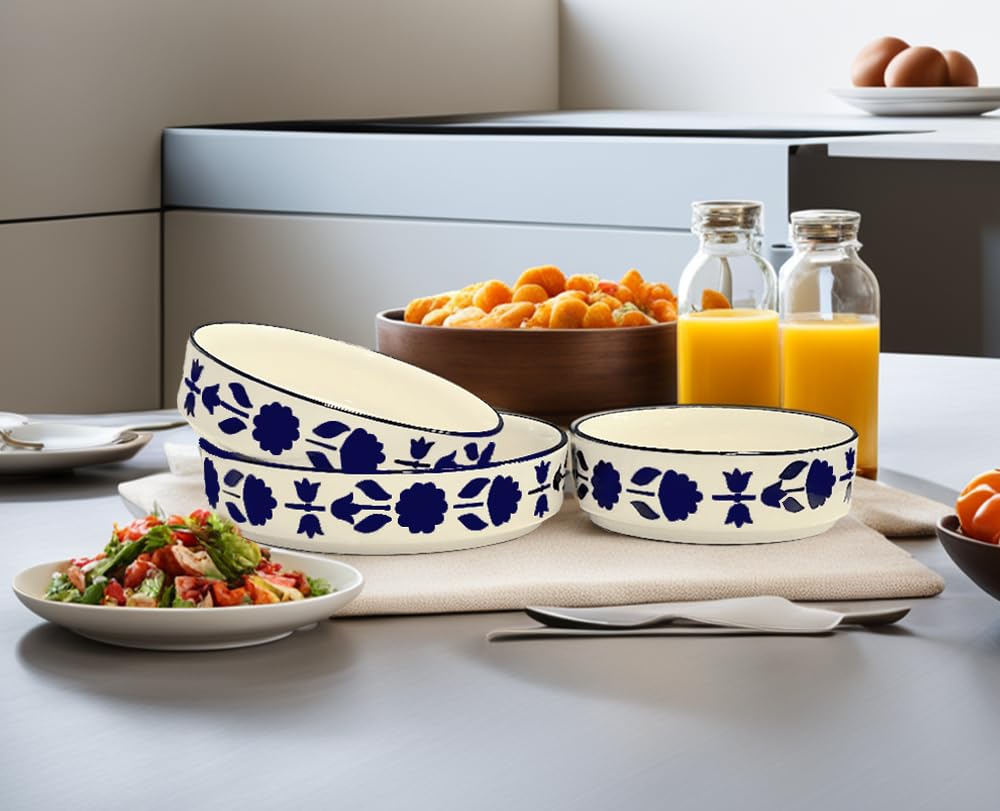 Praahi Lifestyle Ceramic Salad Bowl/Plate- Serving Snacks Ceramic Plates - Set of 3- Different Sizes (5.5 inch, 6.5 inch, 7.5 inch), Blue Flower Pattern, Flat Serving Plate | Best for Diwali Gift