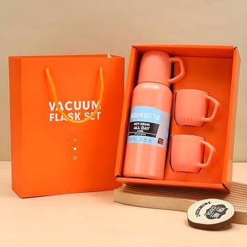 3 in 1 Stainless Steel Vacuum Flask Set | Double Wall Insulated Flask Bottle Gift Set with Two Cups Hot & Cold | 500 ml Drinks Water Tea Coffee | Corporate | Women | Gift Box |