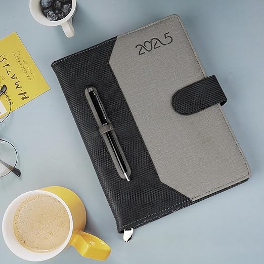 Erminio Palamino 2025 Edition Diary with Pen Holder & Loop Button Closer, Thermal Cover Executive Diaries - Black and Grey