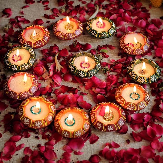 TIED RIBBONS Pack of 12 Diwali Diya set - Clay Teracotta Diya set Waxed Filled Mitti Diya Earthen Diyas Combo Pack - Diwali decoration Items for Home decor (Set of 12, Multicolor, Wax Filled)