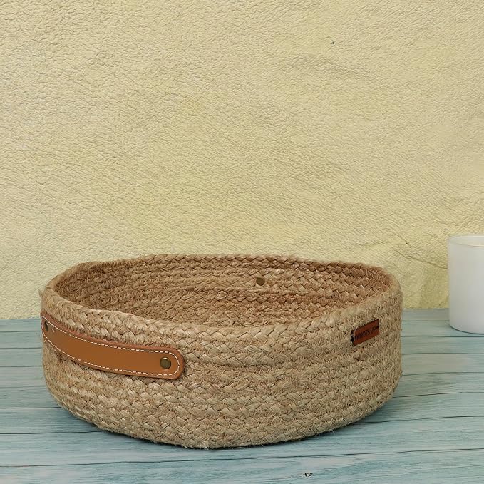 KnotsUp 3pc set Decorative Storage Baskets Sustainable, Eco-Friendly Nesting Baskets for Living Room, Bedroom, Shelf, Entryway Coffee Table Top Décor Jute Rope Round Basket Bowls with leather handles