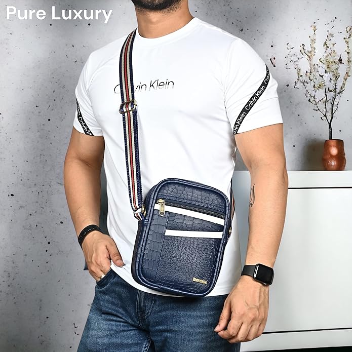 Pramadda Pure Luxury Stylish Croco Vegan Leather Sling Bag For Men Women Travel | Small Messenger Side Mobile Crossbody Bag | Corporate Gift For Men.