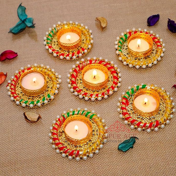 Jaipur Ace Decorative Diwali Tealight Diya | Traditional Handmade Pearl Ring Tealight/Diya/Candles Set for Home Decoration | Diya for Diwali Ganesh Chaturthi Laxmi Pooja (Set of 6)