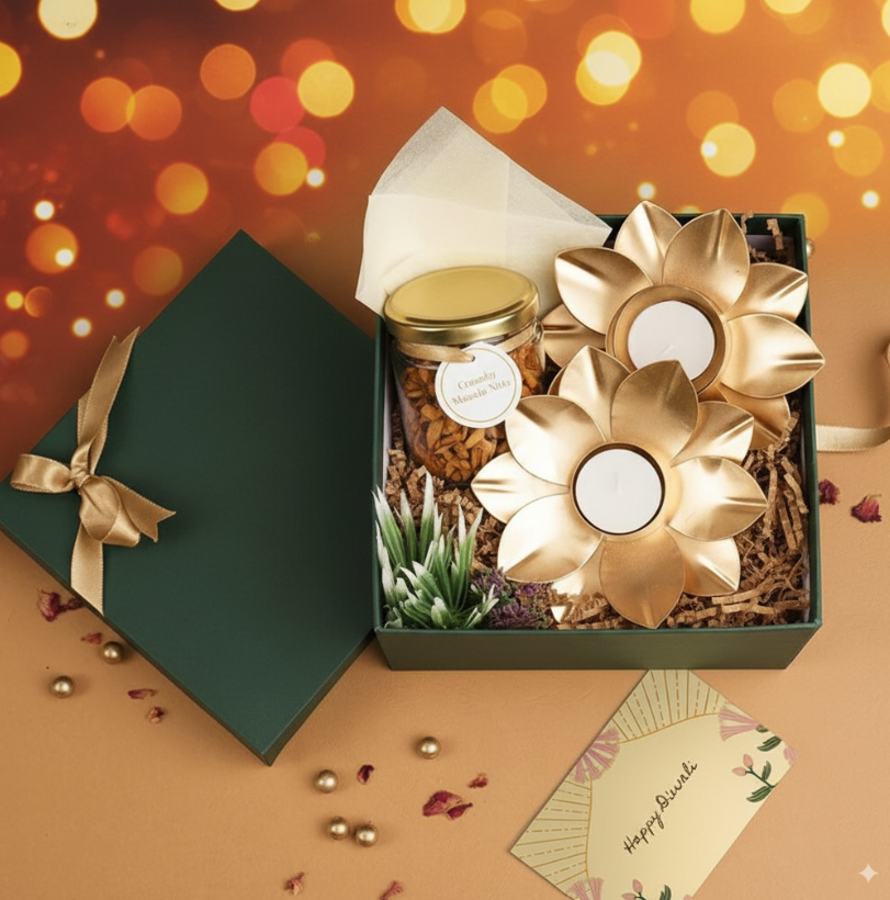 The Golden Glow Hamper | 300g of premium almonds or cashews | Lotus Shaped Decorative Lamp